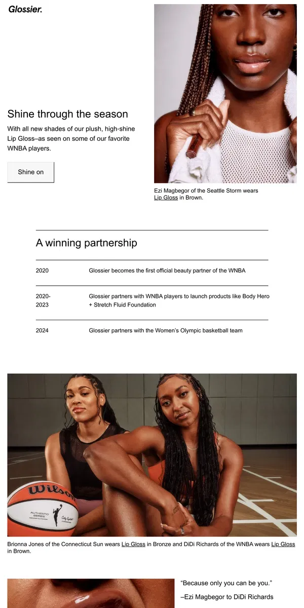 Email from Glossier. Shine bright like the WNBA