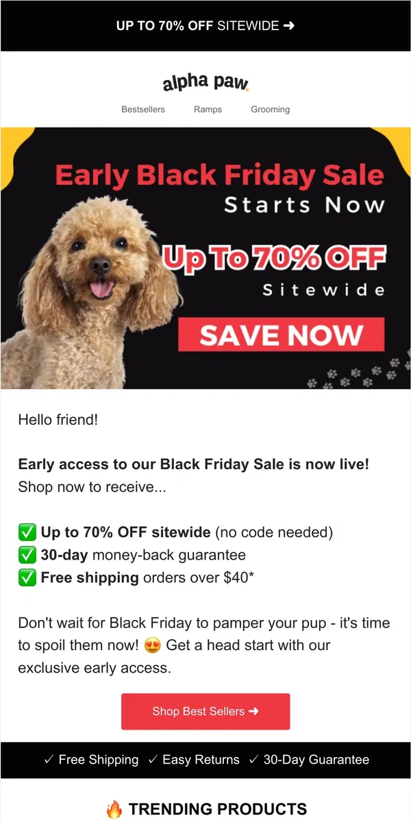 Email from Alpha Paw. 🔥 Early Black Friday Sale Starts NOW!