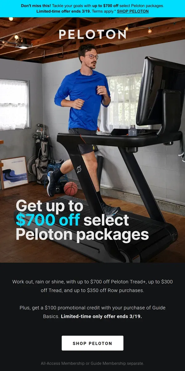 Email from Peloton. Up to $700 off select Peloton purchases