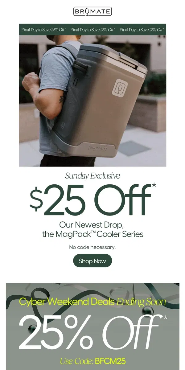 Email from BruMate. Sunday Savings! $25 Off MagPack