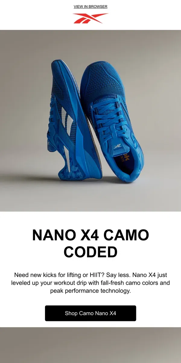 Email from Reebok. Camo training shoes for top-tier gains 💪