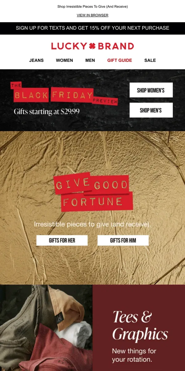 Email from Lucky Brand. 🎁 The Gift Guide + The Black Friday Preview! Starting At $29.99