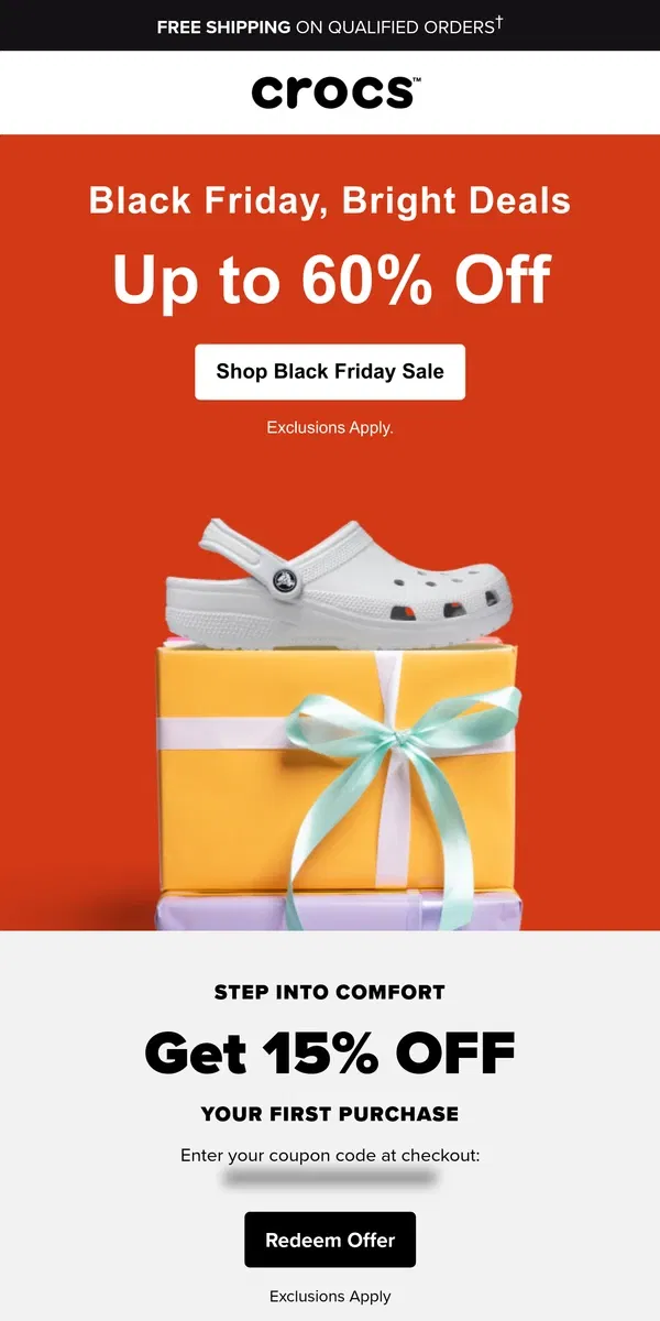 Email from Crocs. Holidays are coming! Grab up to 60% off!