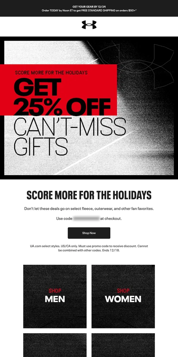 Email from Under Armour. Ends today: 25% off can't-miss gifts