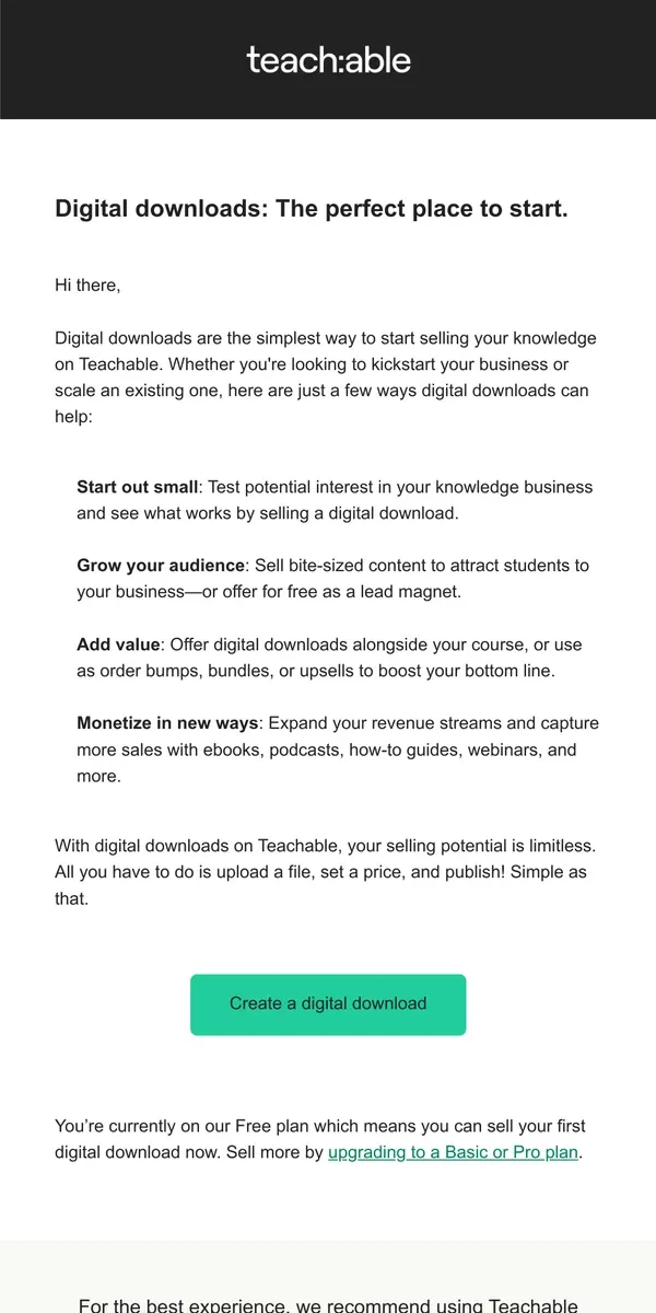 Email from Teachable. Sell a digital download to kickstart your business today