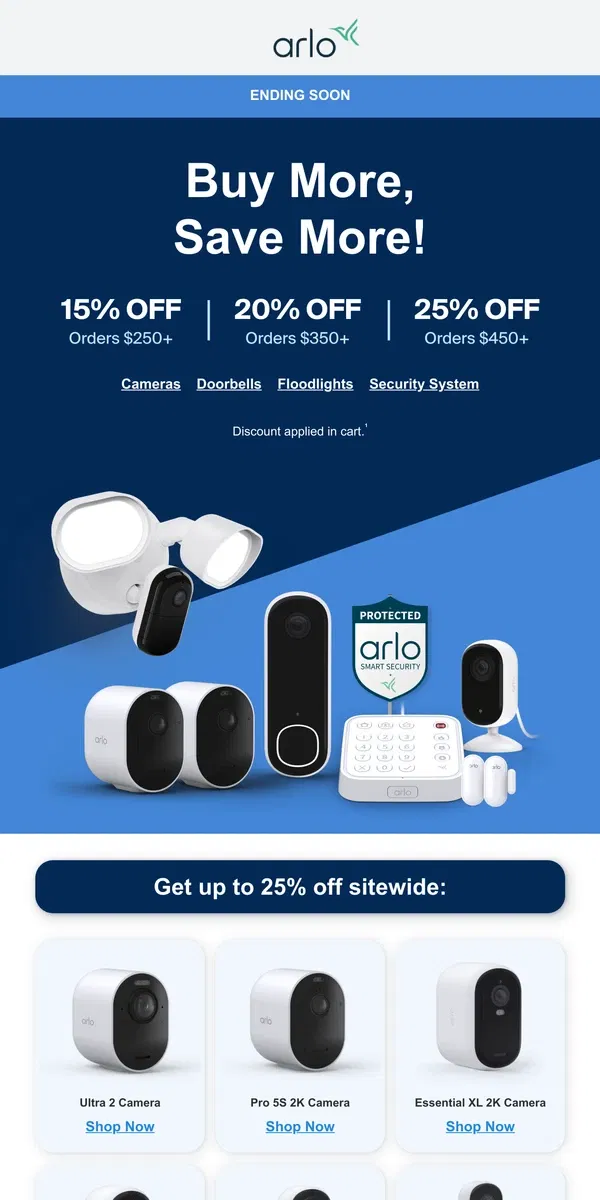 Email from Arlo. Fill your cart & get up to 25% off!