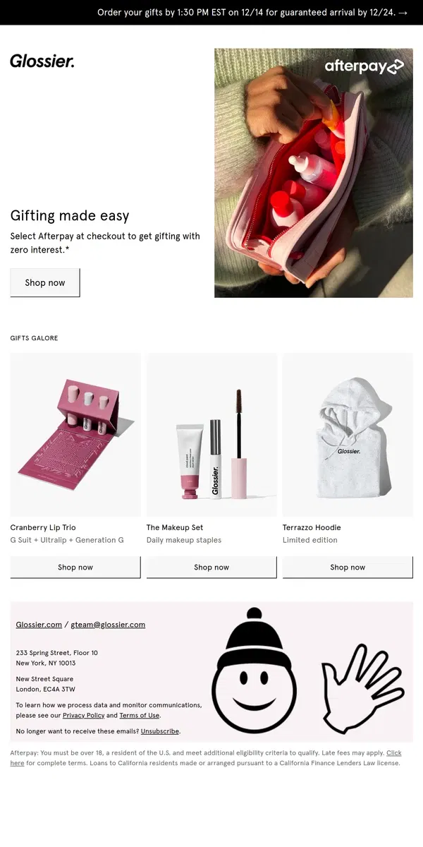 Email from Glossier. Gift now, pay later!