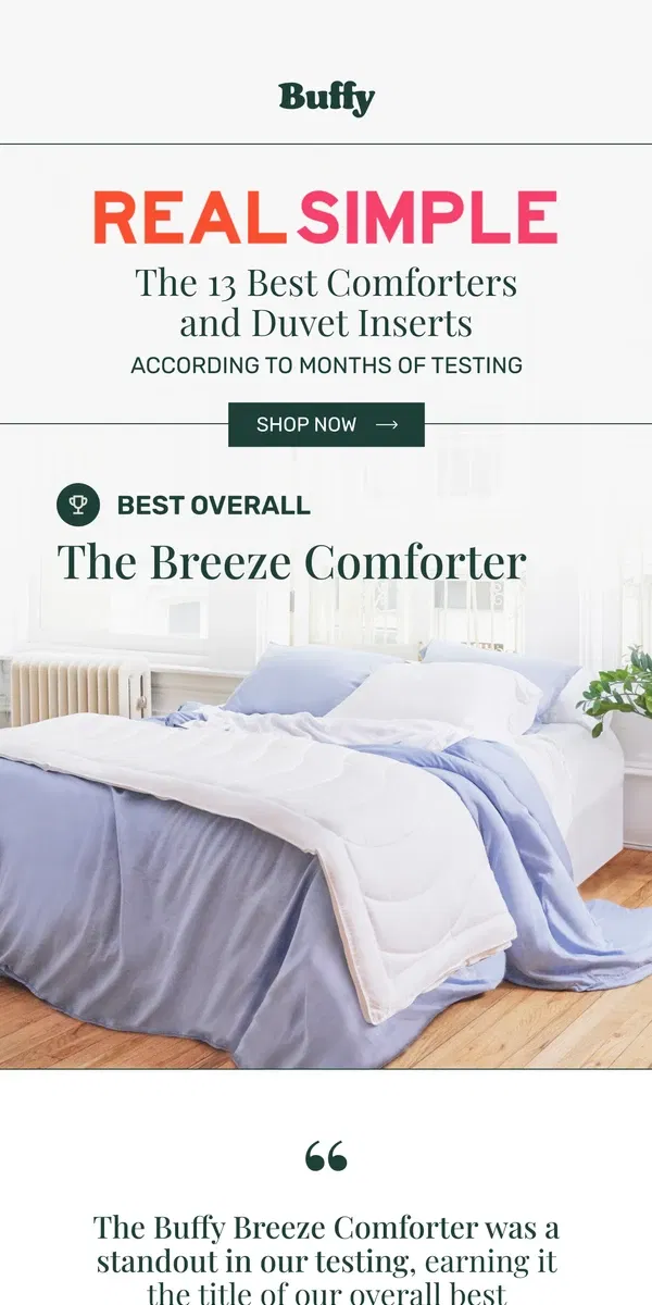 Email from Buffy. Real Simple's Best Overall Comforter