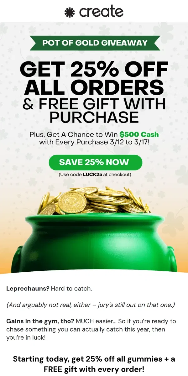 Email from Create Wellness. You could win $500 cash for St. Patty’s Day! 🍀