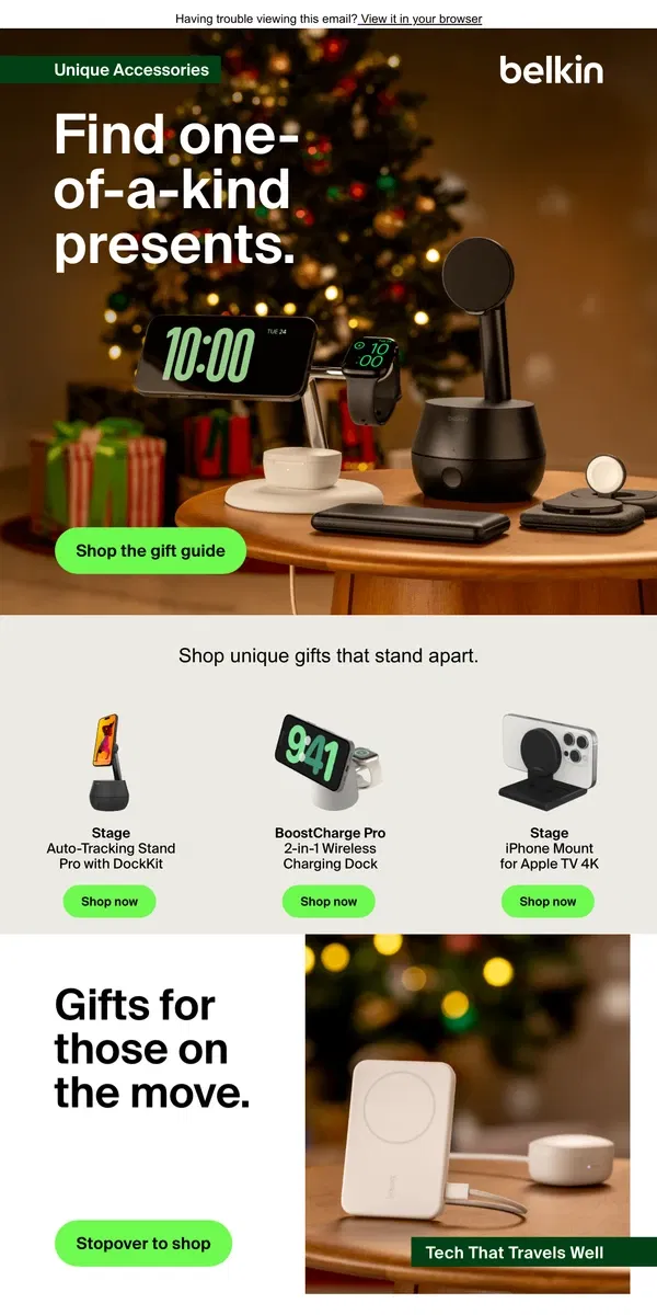 Email from Belkin. Gift Guide #3: Unique tech accessories for everyone on your list