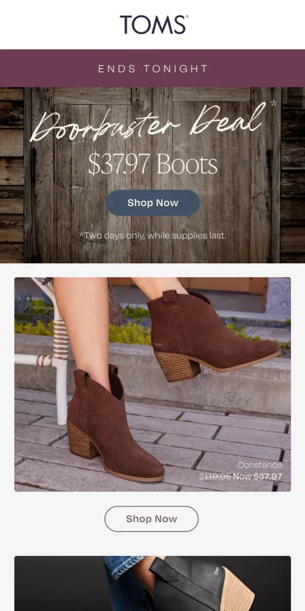 Email from TOMS. Ends Tonight: Boots for $37.97 | It’s a Deal