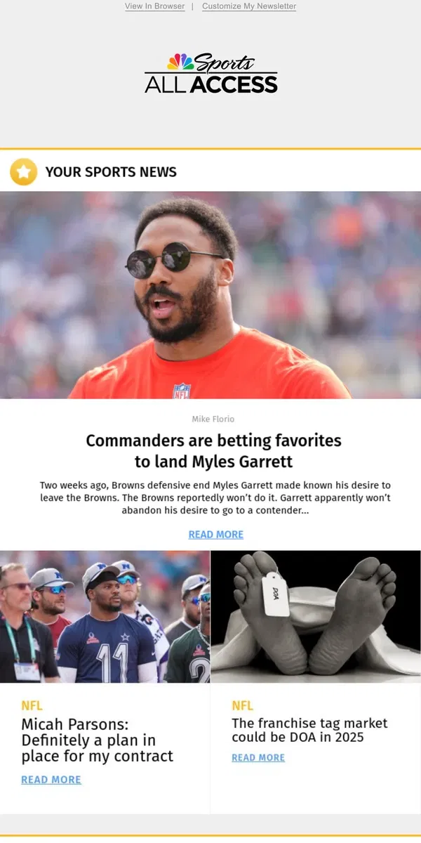 Email from NBC Sports. Commanders are betting favorites to land Myles Garrett