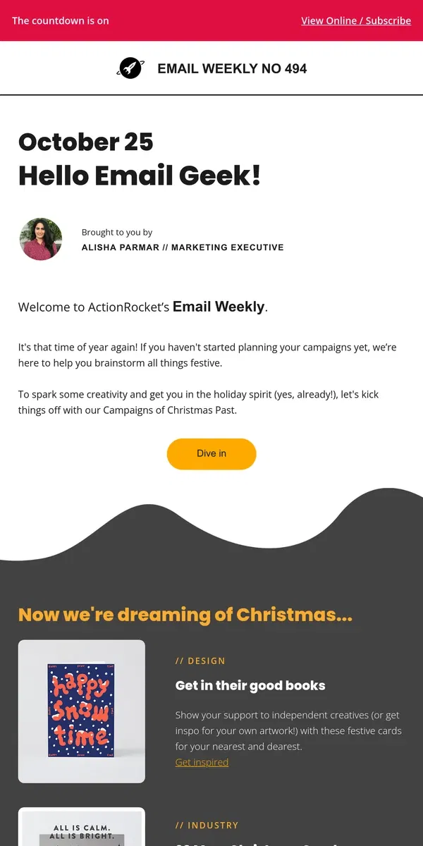 Email from ActionRocket. EmailWeekly #494: The holiday email odyssey 🎃🦃🎄