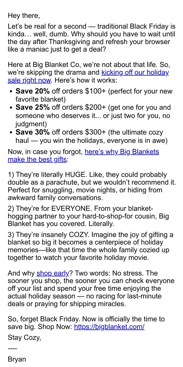 Email from Big Blanket Co. BLACK FRIDAY STARTS NOW