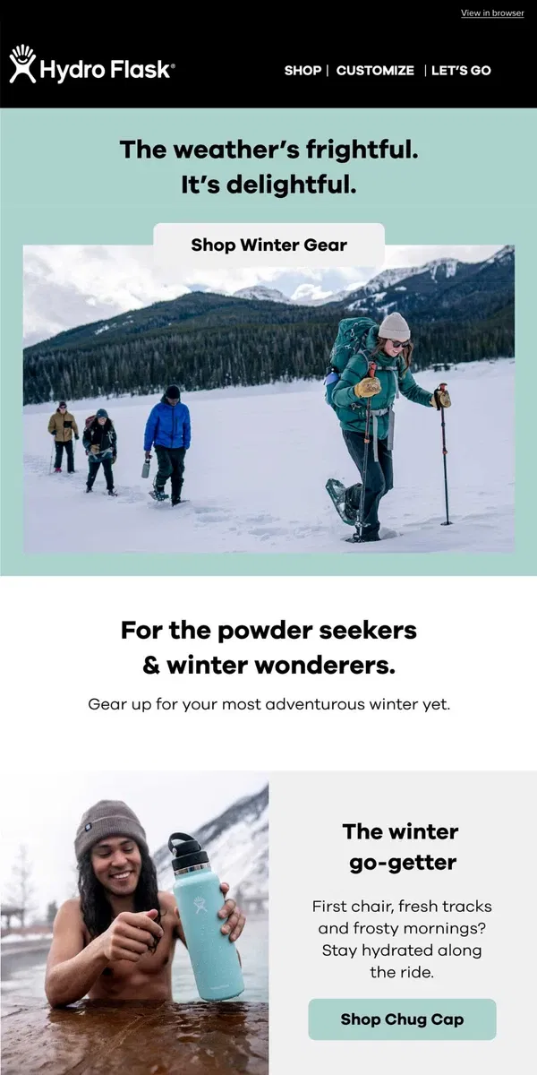 Email from Hydro Flask. Winter adventure awaits ❄️