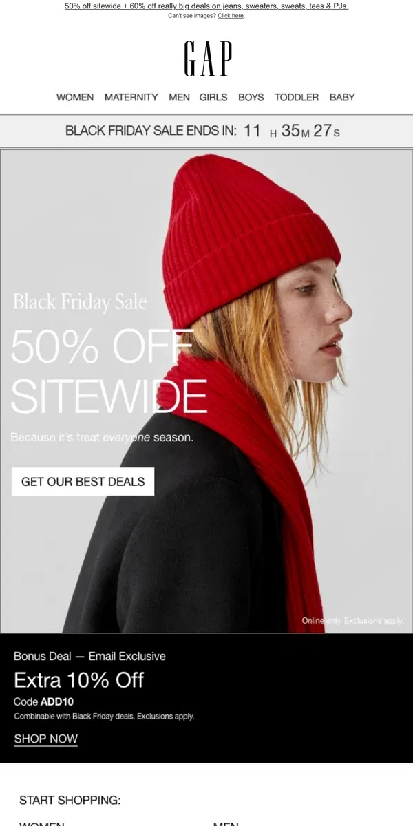 Email from GAP. ALMOST GONE! FIFTY PERCENT OFF FRIDAY + $25 JEANS