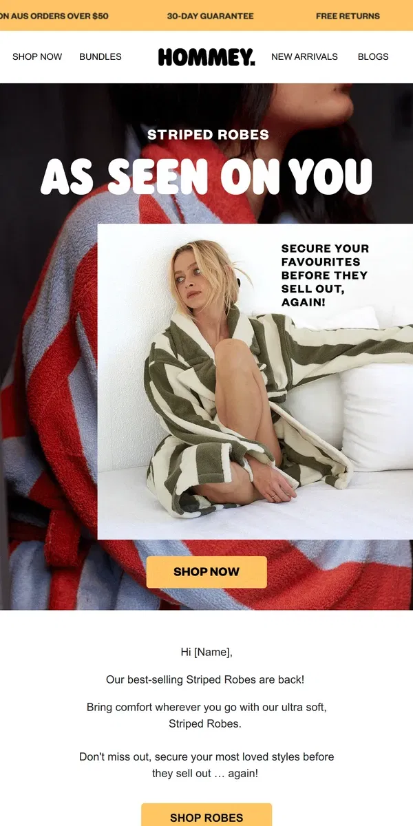 Email from Hommey. Striped Robes Are Back 🤍