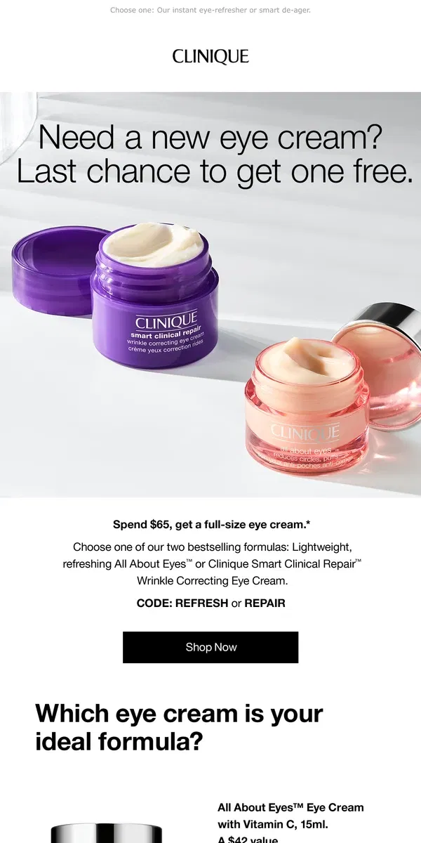 Email from Clinique. Last chance. Free full-size eye cream with $65 order.