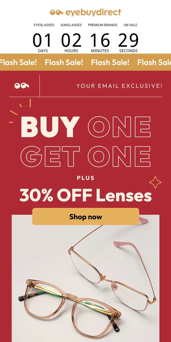 Email from Eyebuydirect. Today Only: BOGO + 30% Off Lenses – Don't Miss Out! 🚧⬆️