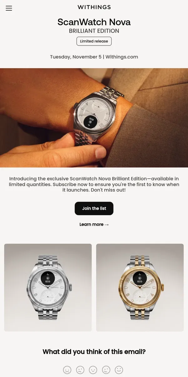 Email from Withings. Introducing ScanWatch Nova Brilliant Edition