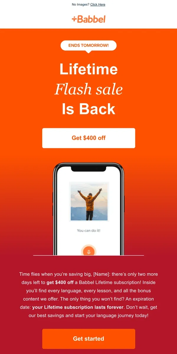 Email from Babbel. 2 days left. Our biggest offer ever expires soon.