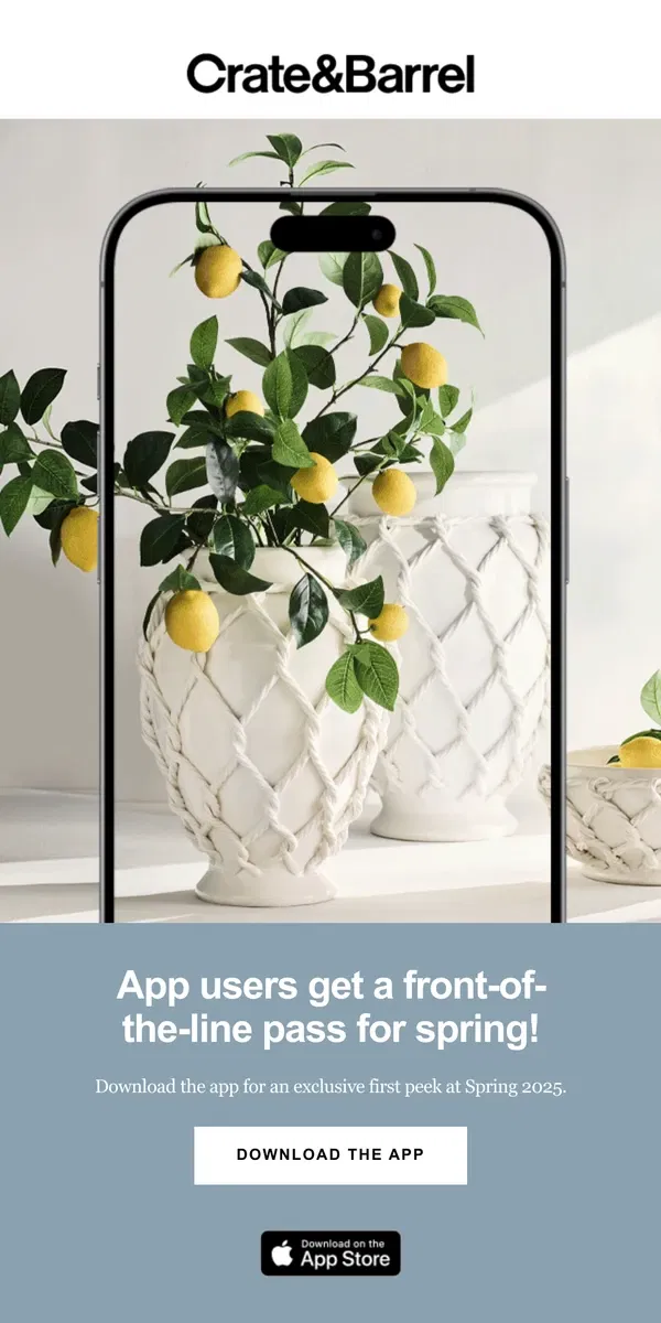 Email from Crate & Barrel. Want priority access to new spring arrivals?