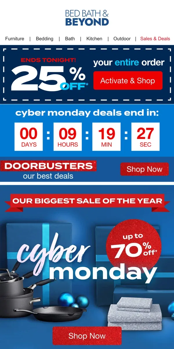 Email from Bed Bath & Beyond. Cyber Monday Doorbusters are GOING FAST 🎁💨