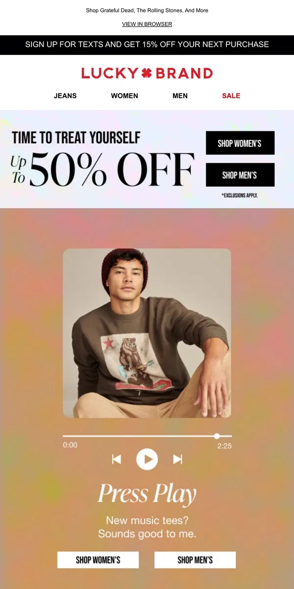 Email from Lucky Brand. New Band Tees Are In, Plus Up To 50% Off