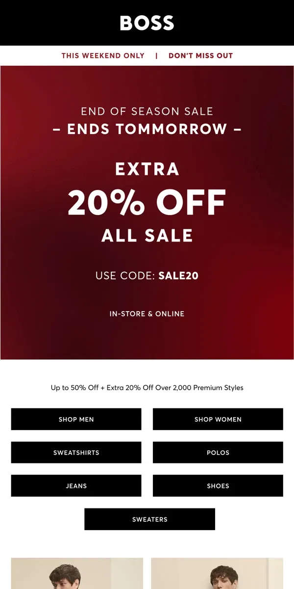 Email from HUGO BOSS. Extra 20% off Sale Ends Tomorrow