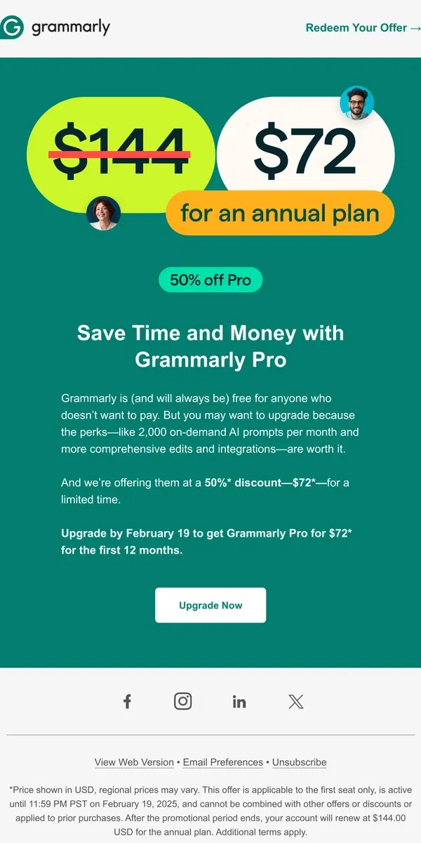 Email from Grammarly. 💡 Upgrade now: $72 for a year of Pro