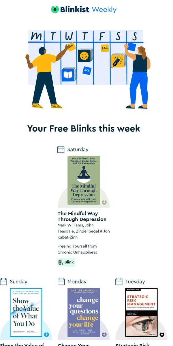 Email from Blinkist. The Summary: Your free reads this week