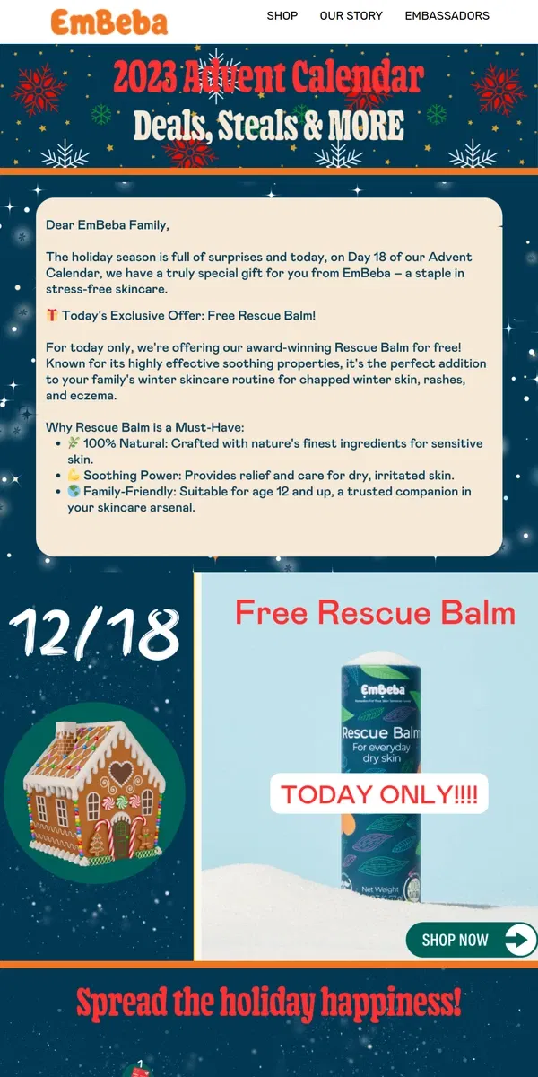 Email from EmBeba. 🎁 Day 18 Advent Gift: Free Rescue Balm, Just for Today! 🌟