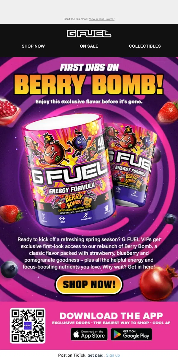 Email from G FUEL. Get Early Access to Berry Bomb!