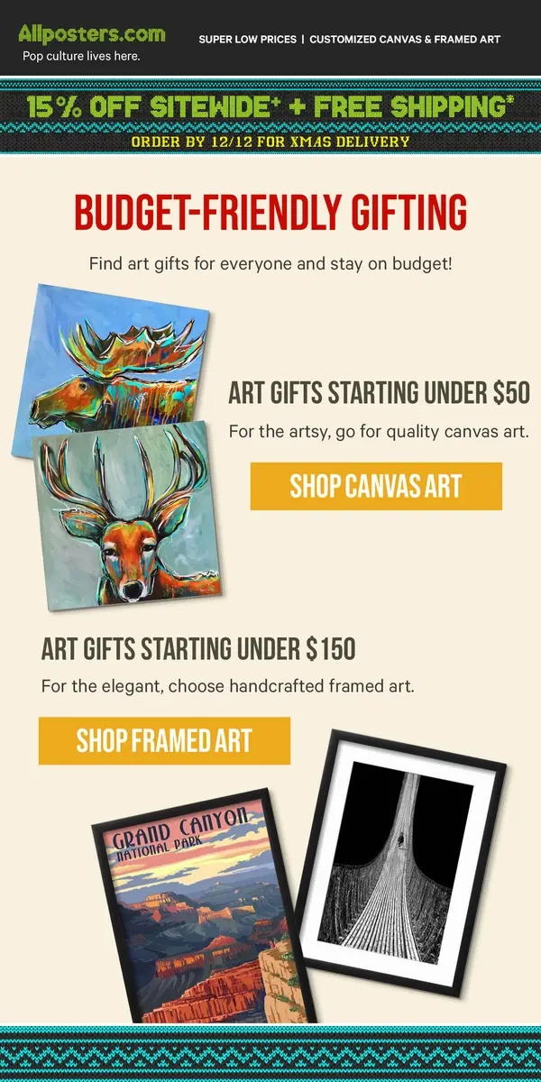 Email from AllPosters. Find great gifts and stay on budget. #HolidayGoals