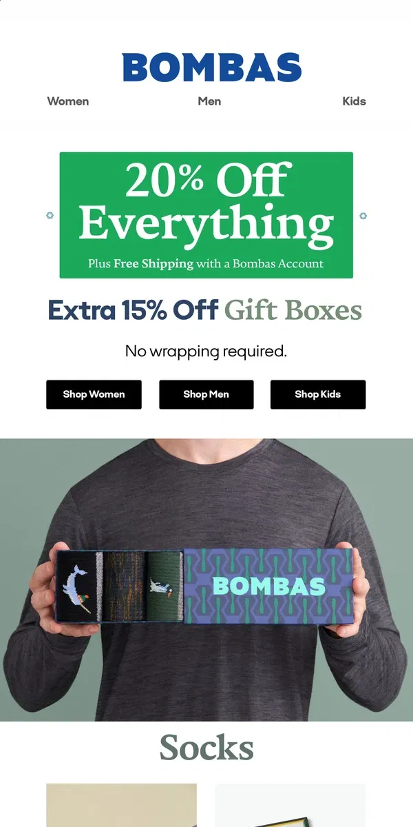 Email from Bombas. 20% Off + Extra 15% Off Gift Boxes