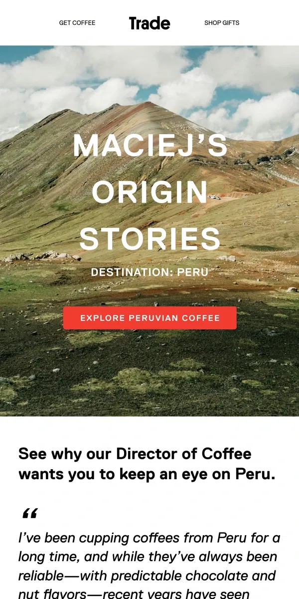 Email from Trade Coffee. NEW: Three Must-Try Coffees from Peru 🇵🇪