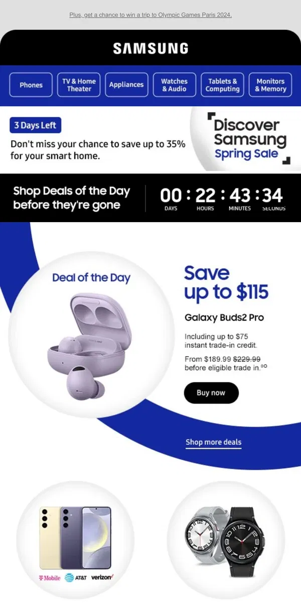 Email from Samsung. ✨🌼 [Name], save up to $115 on Galaxy Buds2 Pro. Only today!