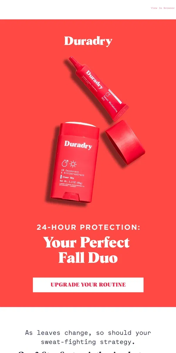 Email from Duradry. Autumn sweat? Leaf it to the 2-Step System🍁