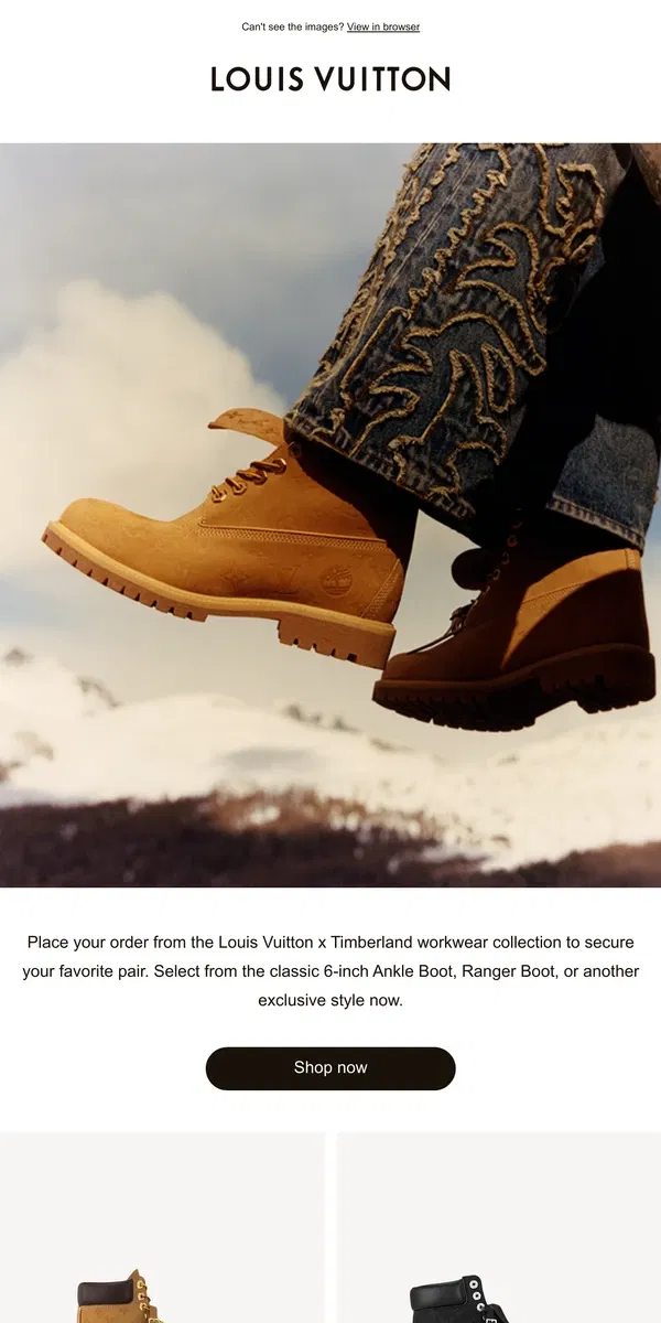 Email from Louis Vuitton. Limited Time Drop: Louis Vuitton x Timberland