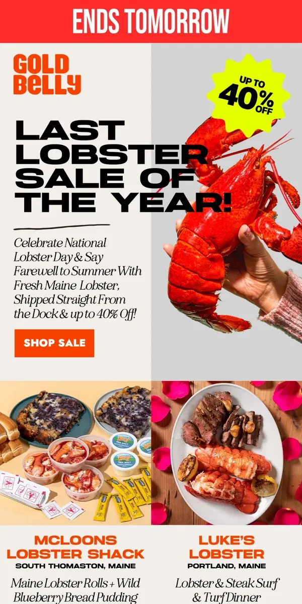 Email from Goldbelly. 40% Off Lobster Sale ENDS TOMORROW!