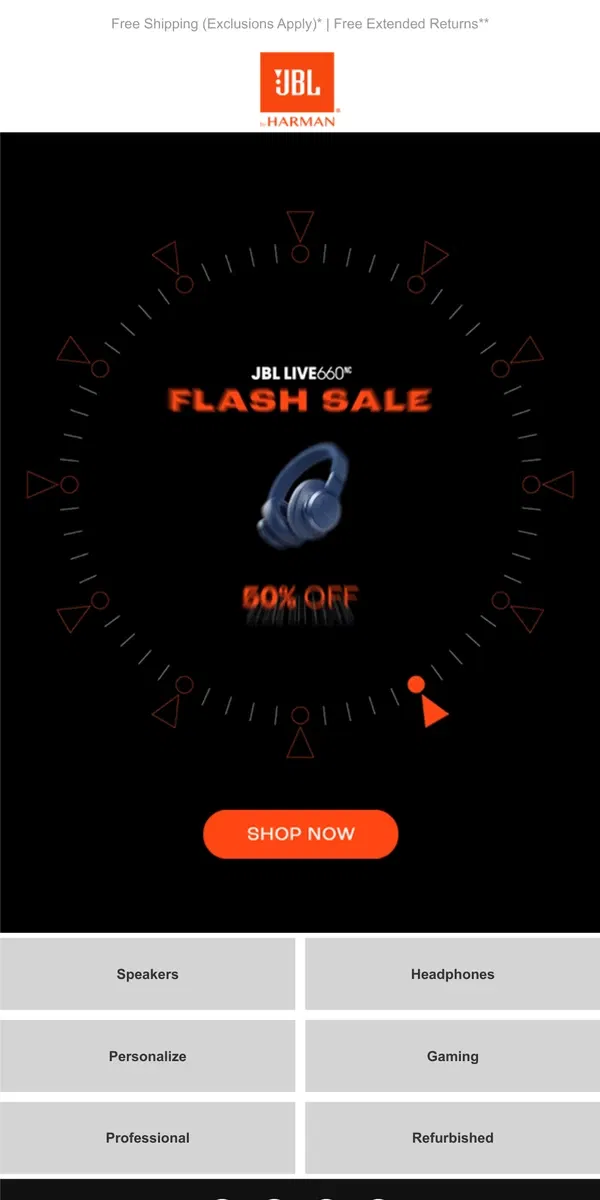 Email from JBL. 3 Days Only! JBL Flash Sale Up to 50% off!