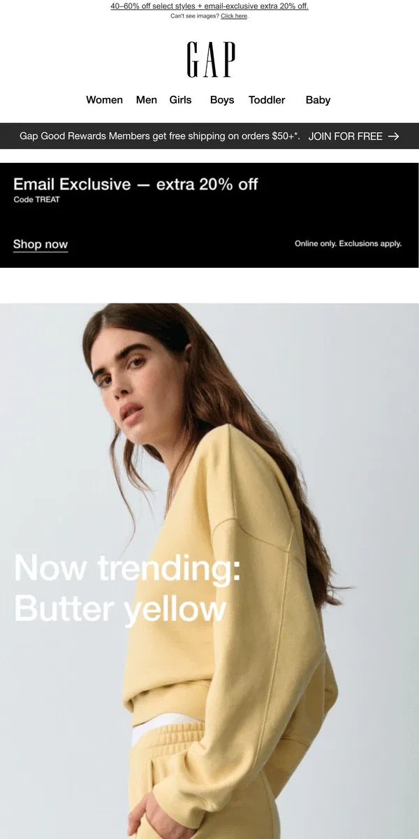 Email from GAP. Trending: butter yellow