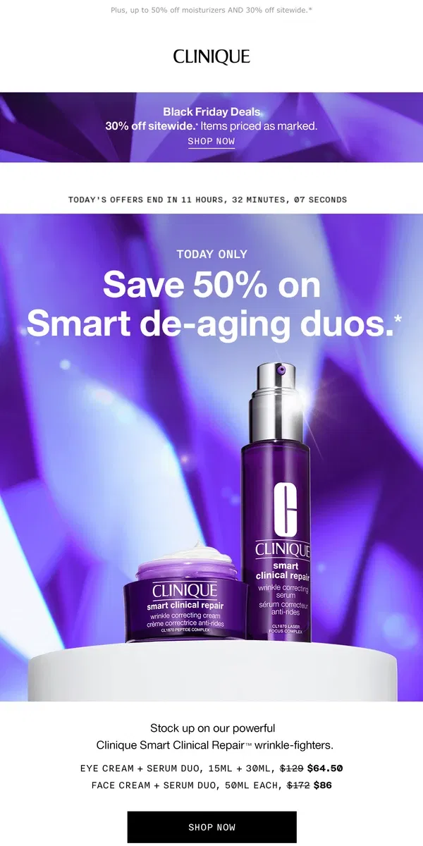 Email from Clinique. Smart de-aging duos 🖤 50% OFF 🖤 Save on potent wrinkle-fighters.