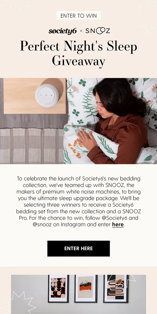 Email from Society6. Enter to Win the Perfect Night's Sleep Giveaway