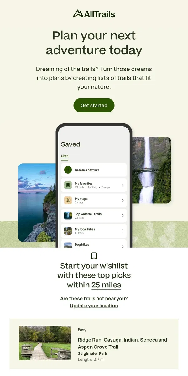Email from AllTrails. Plan ahead by saving trails near you