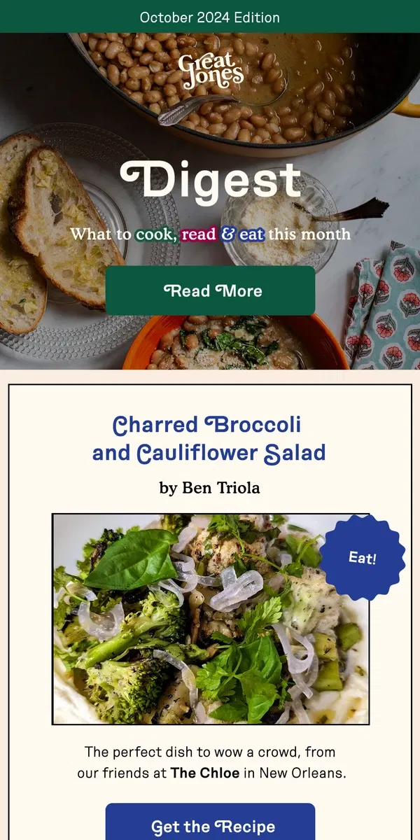 Email from Great Jones. What to cook, read, & eat this month