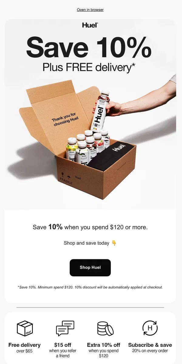 Email from Huel. 10% off + FREE shipping 📦💥