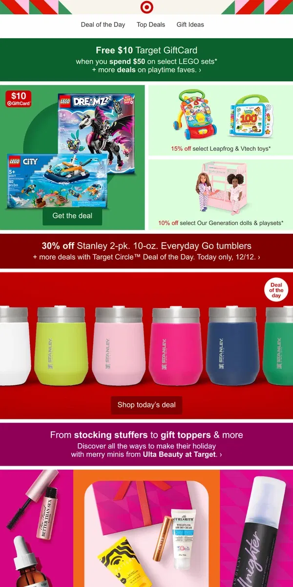 Email from Target. $10 Target GiftCard with select LEGO sets + more deals.