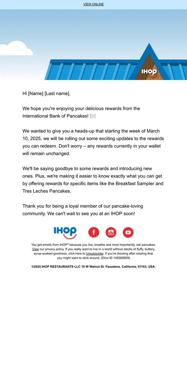 Email from IHOP. Exciting Updates to Your International Bank of Pancakes Rewards!