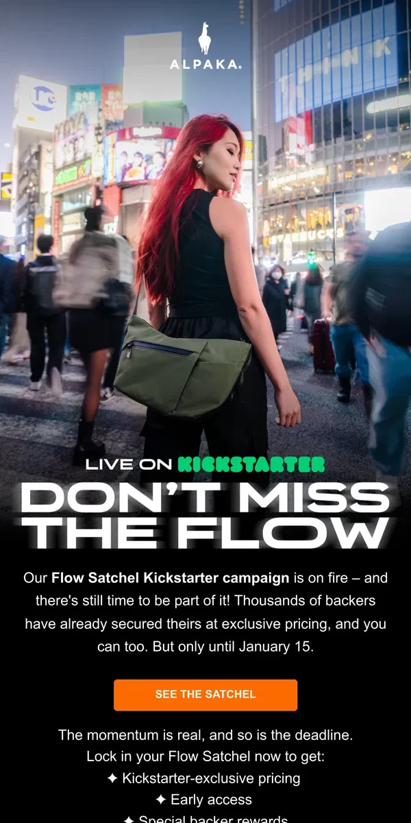 Email from ALPAKA. Flow Satchel Kickstarter: Midway Mark ⏳